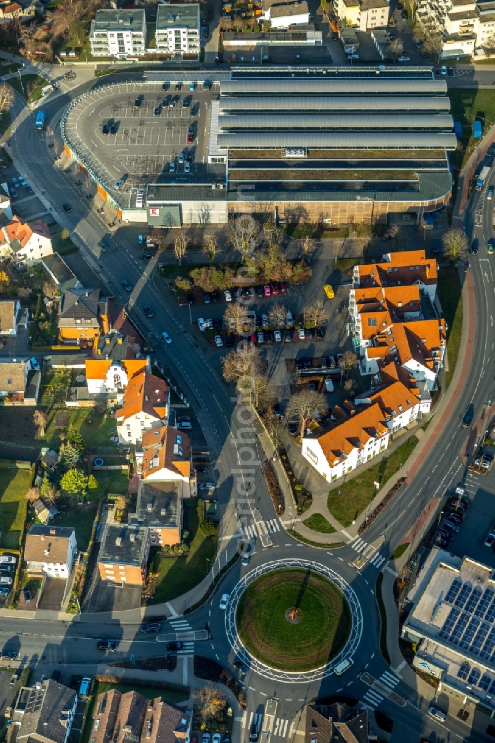 Werl from above - Building of the shopping center on Soester Strasse in Werl in the state North Rhine-Westphalia, Germany