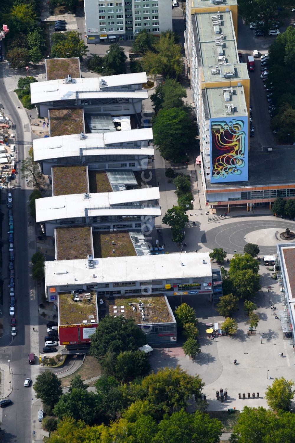 Aerial image Berlin - Building of the shopping center TierparkCenter on Otto-Schmirgal-Strasse in the district Lichtenberg in Berlin, Germany