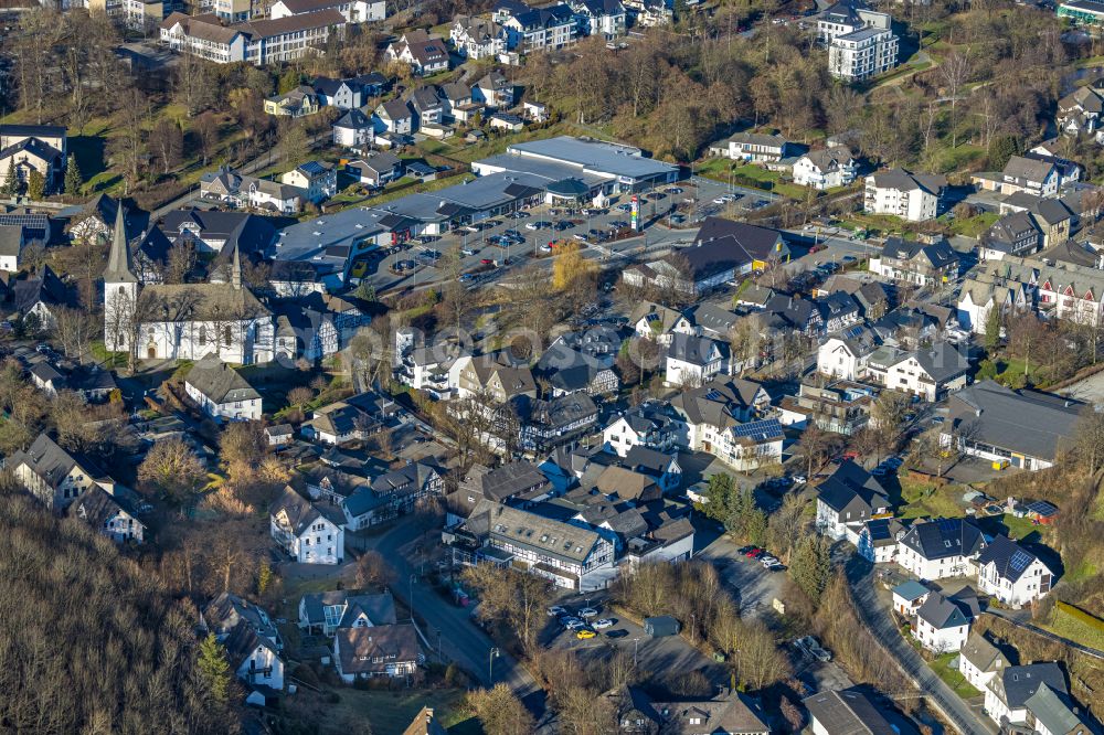 Eslohe (Sauerland) from above - Building of the shopping center on Toelckestrasse in Eslohe (Sauerland) in the state North Rhine-Westphalia, Germany