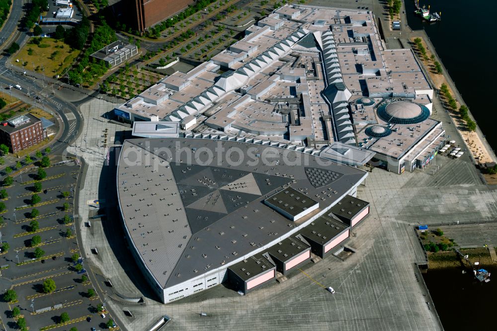 Bremen from above - Building of the shopping center Waterfront on the river bank of Weser in the district Lindenhof in Bremen, Germany