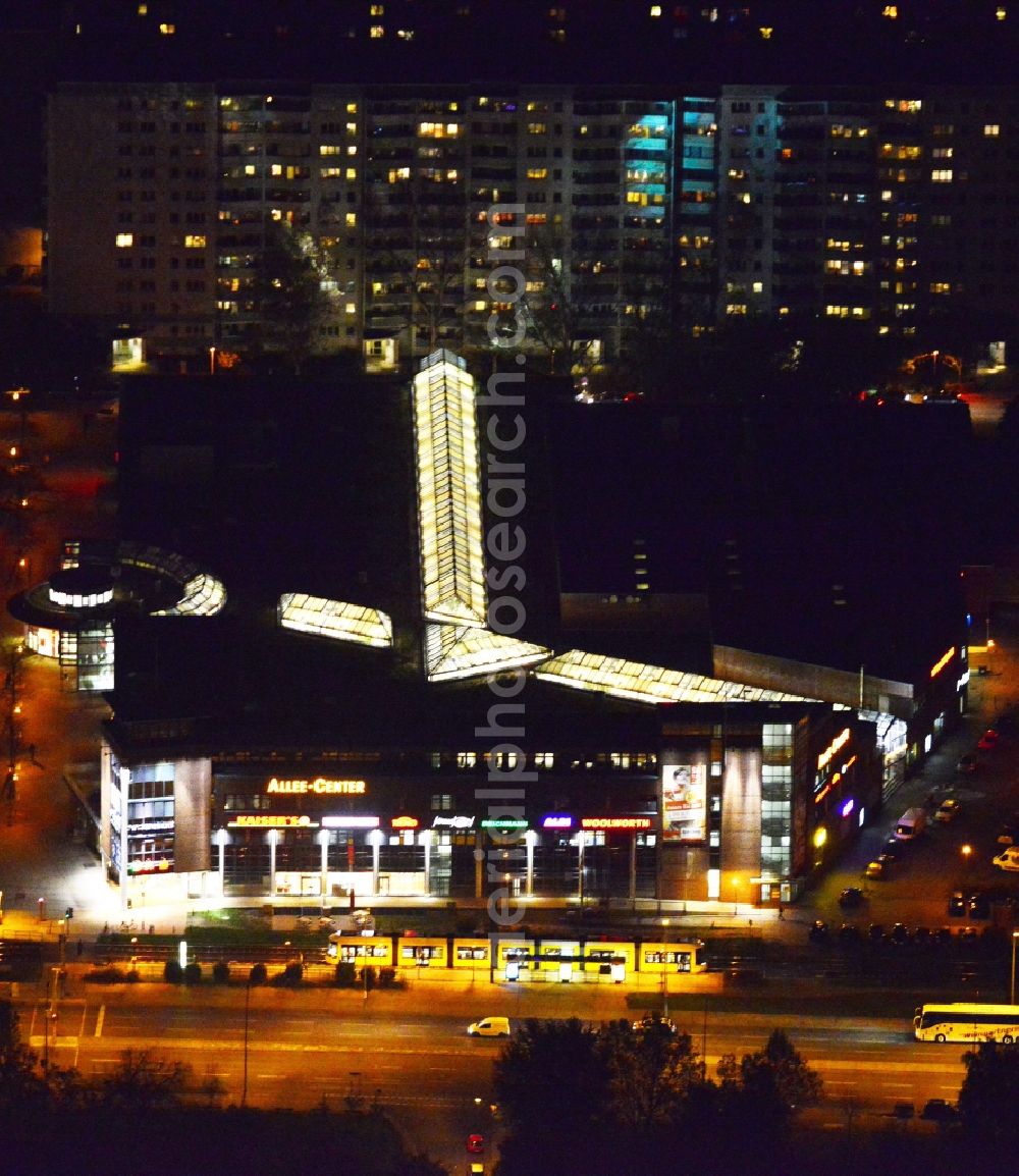 Berlin from above - Night aerial view from the shopping center Allee-Center of ECE Project Management GmbH Landsberger Allee in Berlin