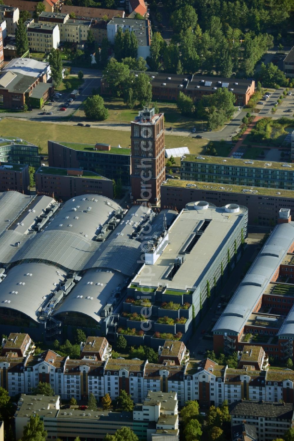 Berlin from above - View of the Borsig Tower, the first tower building in Berlin, and the Borsig Halls in the background in Berlin - Tegel