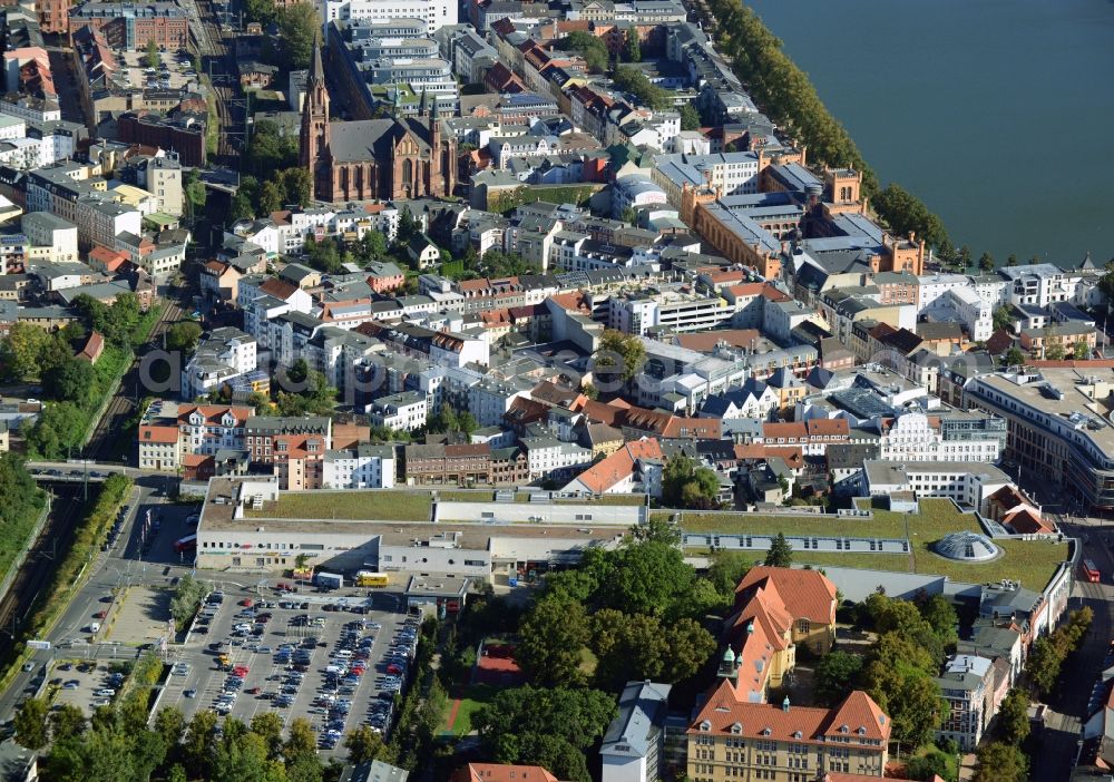 Schwerin from above - Cityscape of downtown at the Marienplatz with the shopping center Castle Park Center of the ECE group in Schwerin in Mecklenburg - Western Pomerania