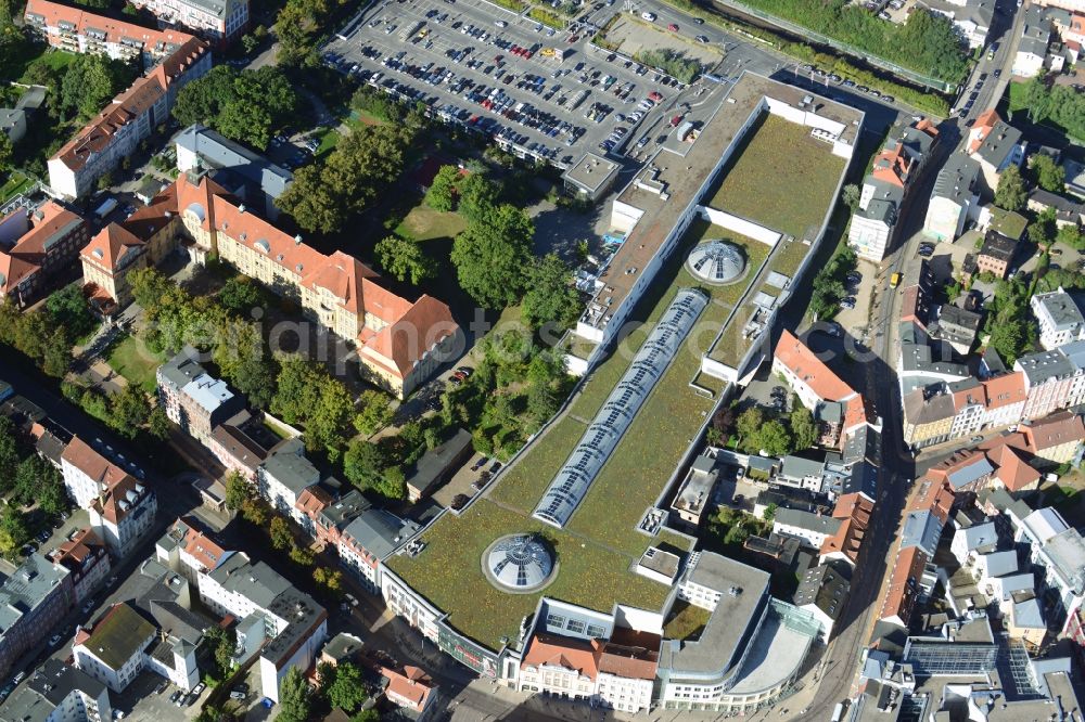 Schwerin from above - Cityscape of downtown at the Marienplatz with the shopping center Castle Park Center of the ECE group in Schwerin in Mecklenburg - Western Pomerania