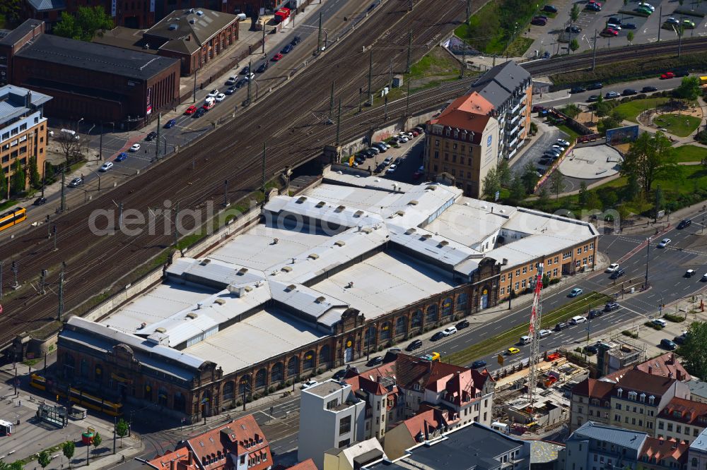 Aerial photograph Dresden - Building of the shopping center of old market Markthalle on street Schweriner Strasse in the district Friedrichstadt in Dresden in the state Saxony, Germany