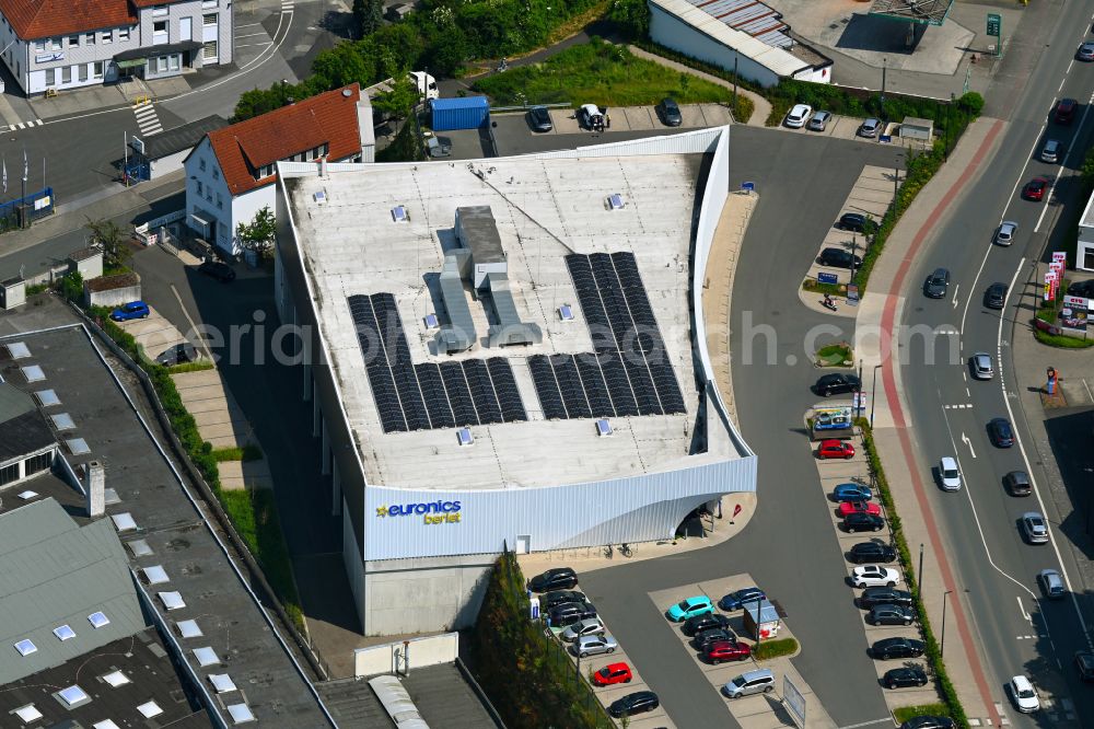 Arnsberg from above - Building of the shopping center Euronics Berlet on street Stembergstrasse in Arnsberg at Sauerland in the state North Rhine-Westphalia, Germany