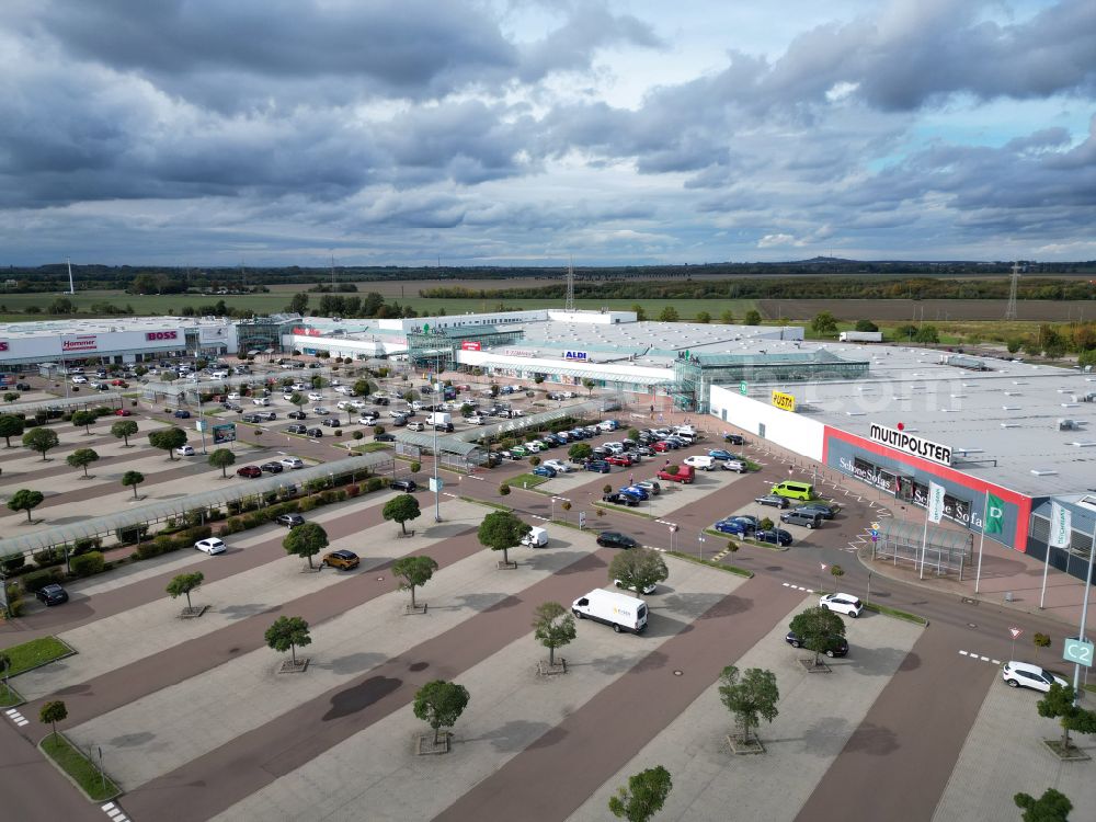 Landsberg from above - Building of the shopping center Halle Center on street Saarbruecker Strasse in the district Peissen in Landsberg in the state Saxony-Anhalt, Germany