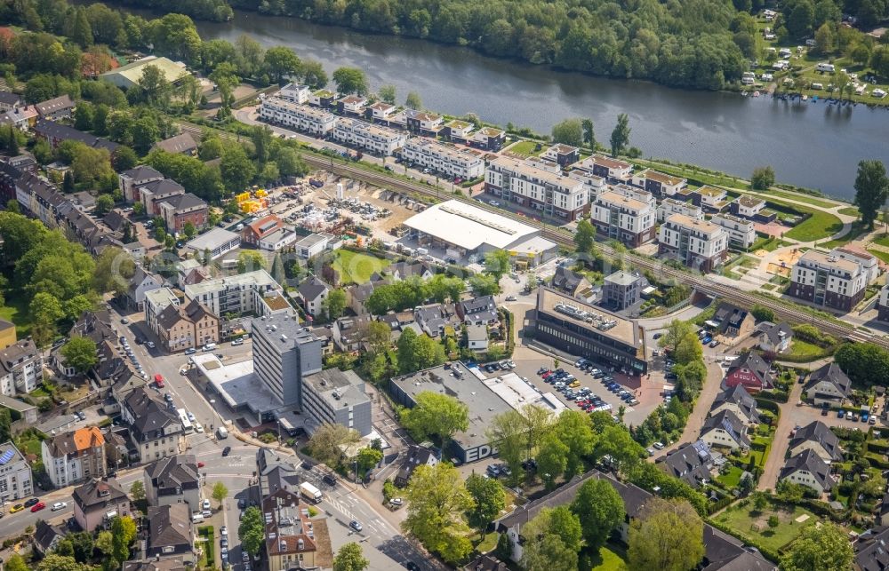 Essen from above - Building of the shopping center at the high-rise building on Ringstrasse in the district Kettwig in Essen at Ruhrgebiet in the state North Rhine-Westphalia, Germany