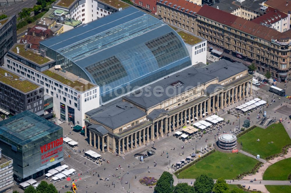 Stuttgart from above - Building of the shopping center Koenigsbau Passagen on street Koenigstrasse in Stuttgart in the state Baden-Wuerttemberg, Germany