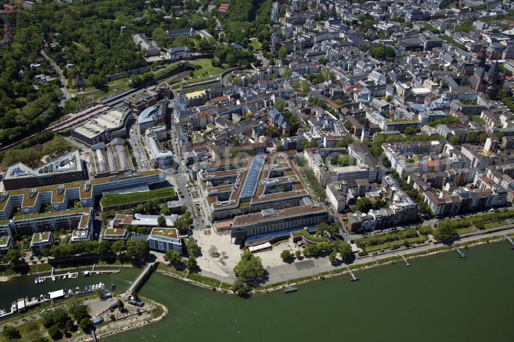 Aerial image Mainz - Building of the shopping center Malakoff-Passage on street Rheinstrasse in the district Altstadt in Mainz in the state Rhineland-Palatinate, Germany