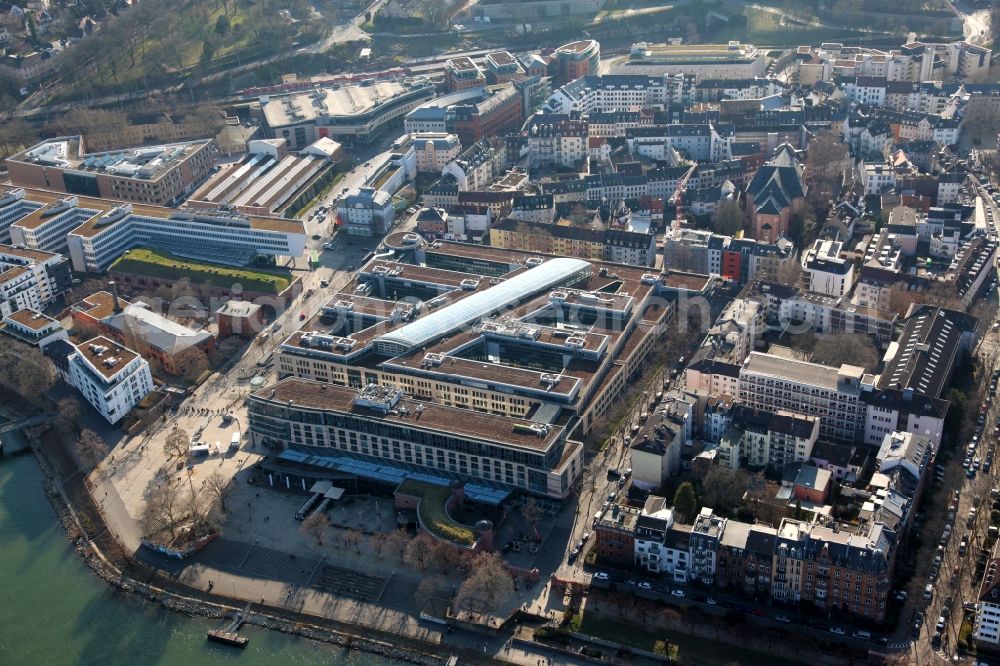 Mainz from the bird's eye view: Building of the shopping center Malakoff-Passage on street Rheinstrasse in the district Altstadt in Mainz in the state Rhineland-Palatinate, Germany