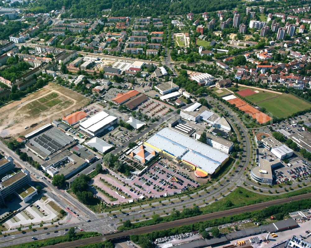 Karlsruhe from the bird's eye view: Building of the shopping center - industrial area on Ostring in Karlsruhe in the state Baden-Wurttemberg, Germany