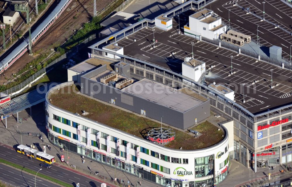 Berlin from the bird's eye view: View of the mall Ring Center at Frankfurter Allee in Berlin. The shopping center on the border of the districts Friedrichshain and Lichtenberg consists of three individual buildings with space for commercial and retail stores as well as gastronomy. Operator of the building complex is the ECE Projectmanagement GmbH & Co. KG