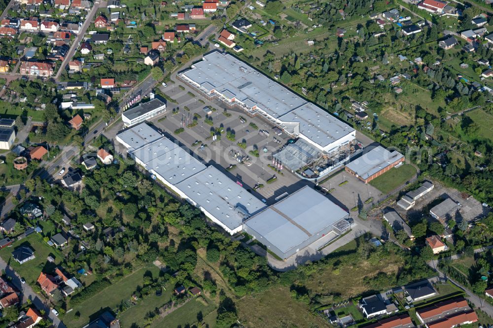 Tangermünde from above - Building of the shopping center on street Kirschallee in Tangermuende in the state Saxony-Anhalt, Germany