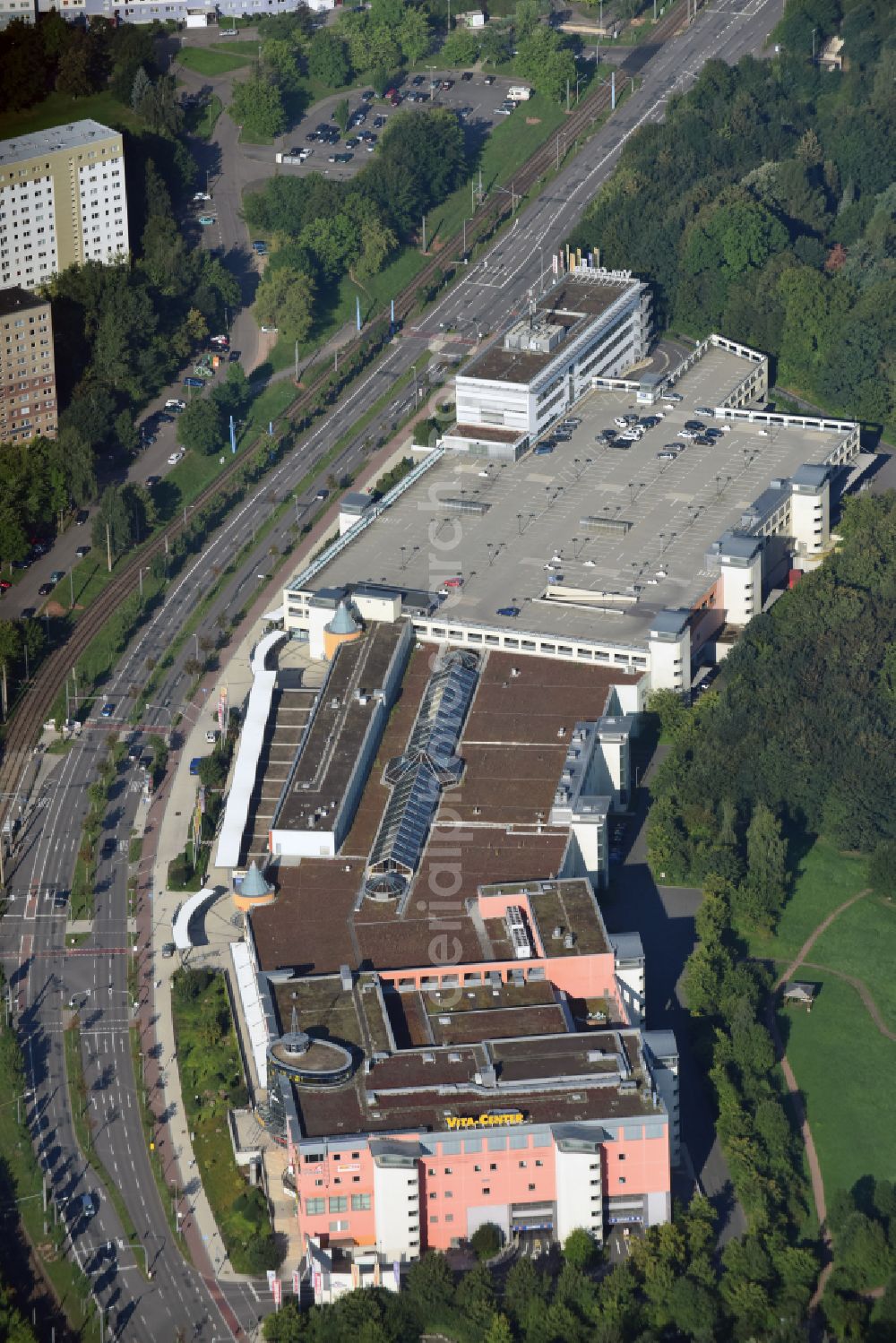 Aerial image Chemnitz - Building of the shopping center Vita-Center on street Wladimir-Sagorski-Strasse in the district Morgenleite in Chemnitz in the state Saxony, Germany