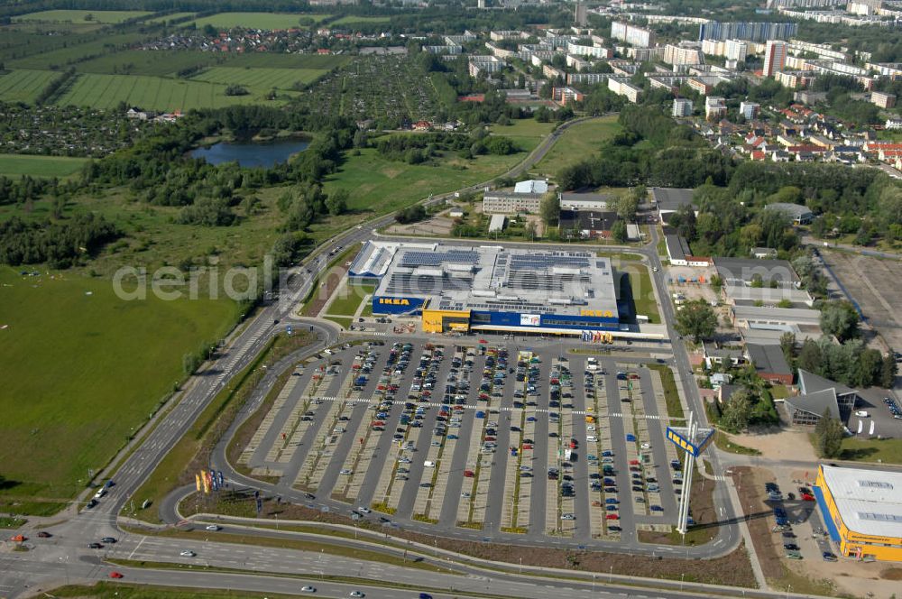 Aerial image Rostock - Blick auf das erste in Mecklenburg-Vorpommern errichtete Einrichtungshaus der IKEA Deutschland GmbH & Co. KG ROSTOCK an der Messestraße 25 in 18069 Rostock. Mittlereile gibt es über 41 weitere Einrichtungshäuser in ganz Deutschland.