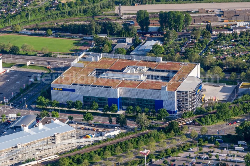 Karlsruhe from the bird's eye view: Building store - furniture market of IKEA Deutschland GmbH & Co. KG on Gerwigstrasse - Weinweg - Durlacher Allee in Karlsruhe in the state Baden-Wurttemberg, Germany