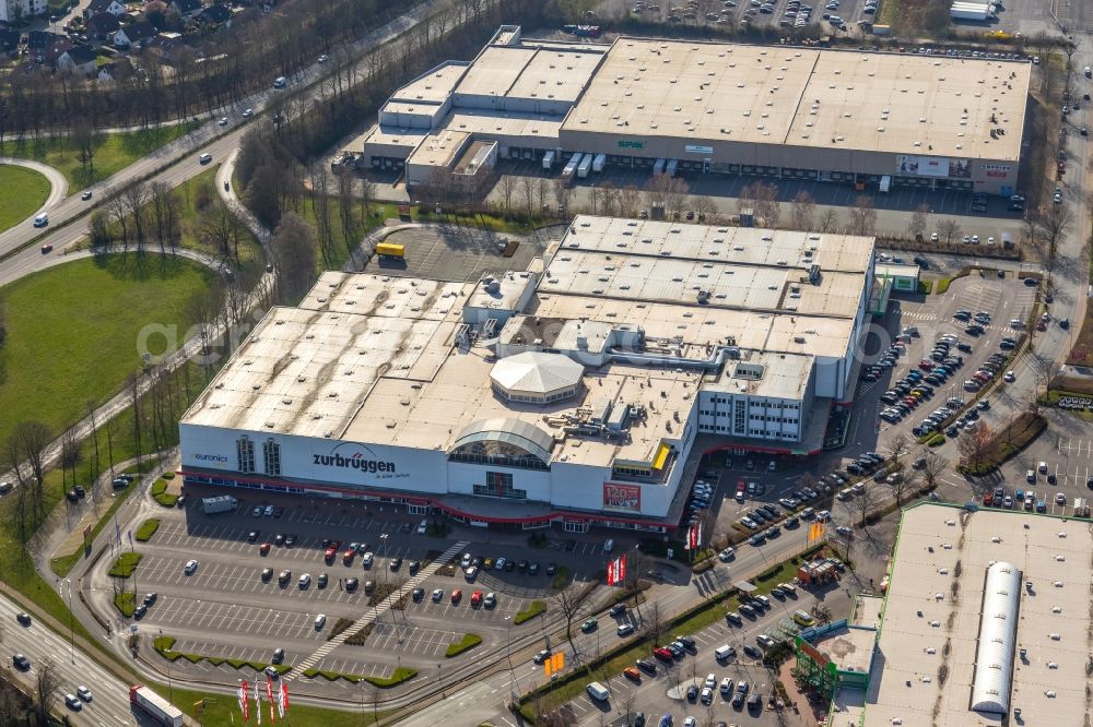 Unna from the bird's eye view: Building of the furniture store - furniture market Zurbrueggen residential center Unna in Unna in the state North Rhine-Westphalia, Germany