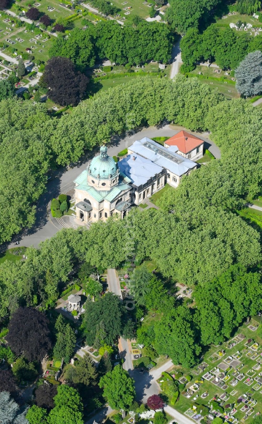 Freiburg im Breisgau from above - Grounds of the cemetery Hauptfriedhof on Friedhofstrasse in Freiburg im Breisgau in the state Baden-Wuerttemberg, Germany