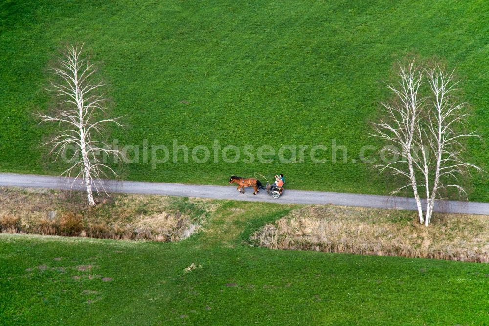 Raisting from above - Horse vehicle in traffic along the Landstrasse in Raisting in the state Bavaria
