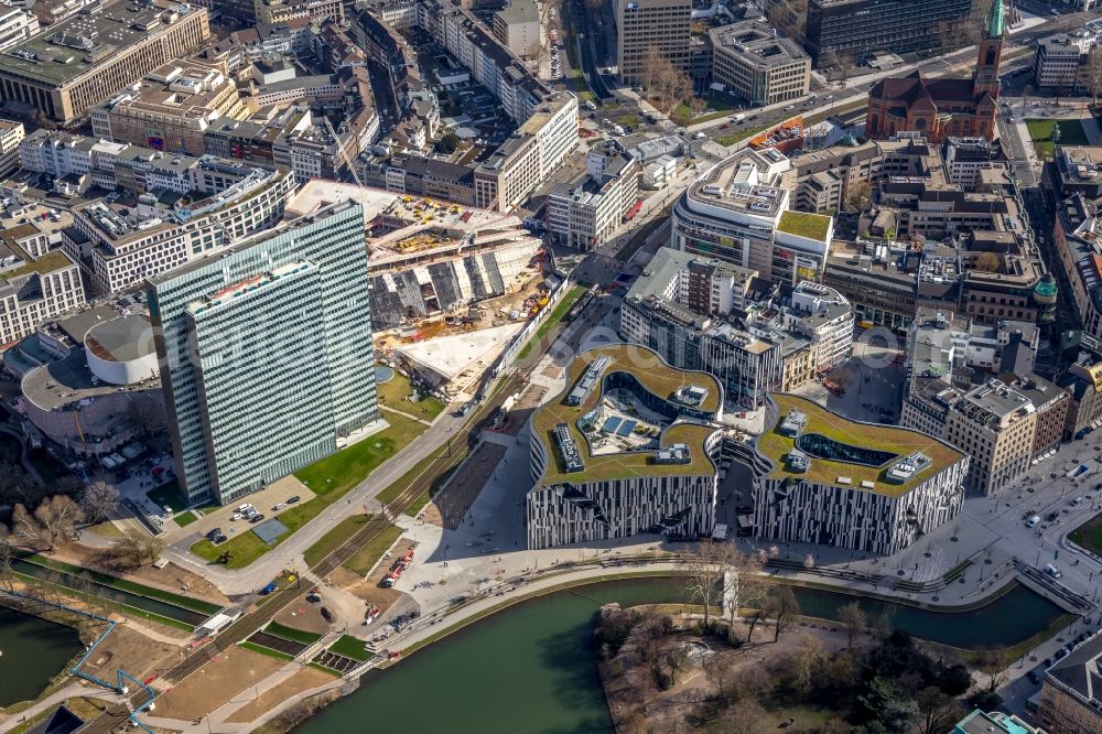 Düsseldorf from above - Construction of retail and office property Koe-Bogen in Dusseldorf in North Rhine-Westphalia