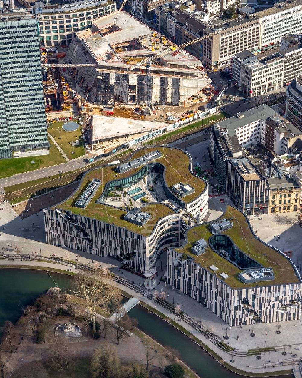 Aerial photograph Düsseldorf - Construction of retail and office property Koe-Bogen in Dusseldorf in North Rhine-Westphalia