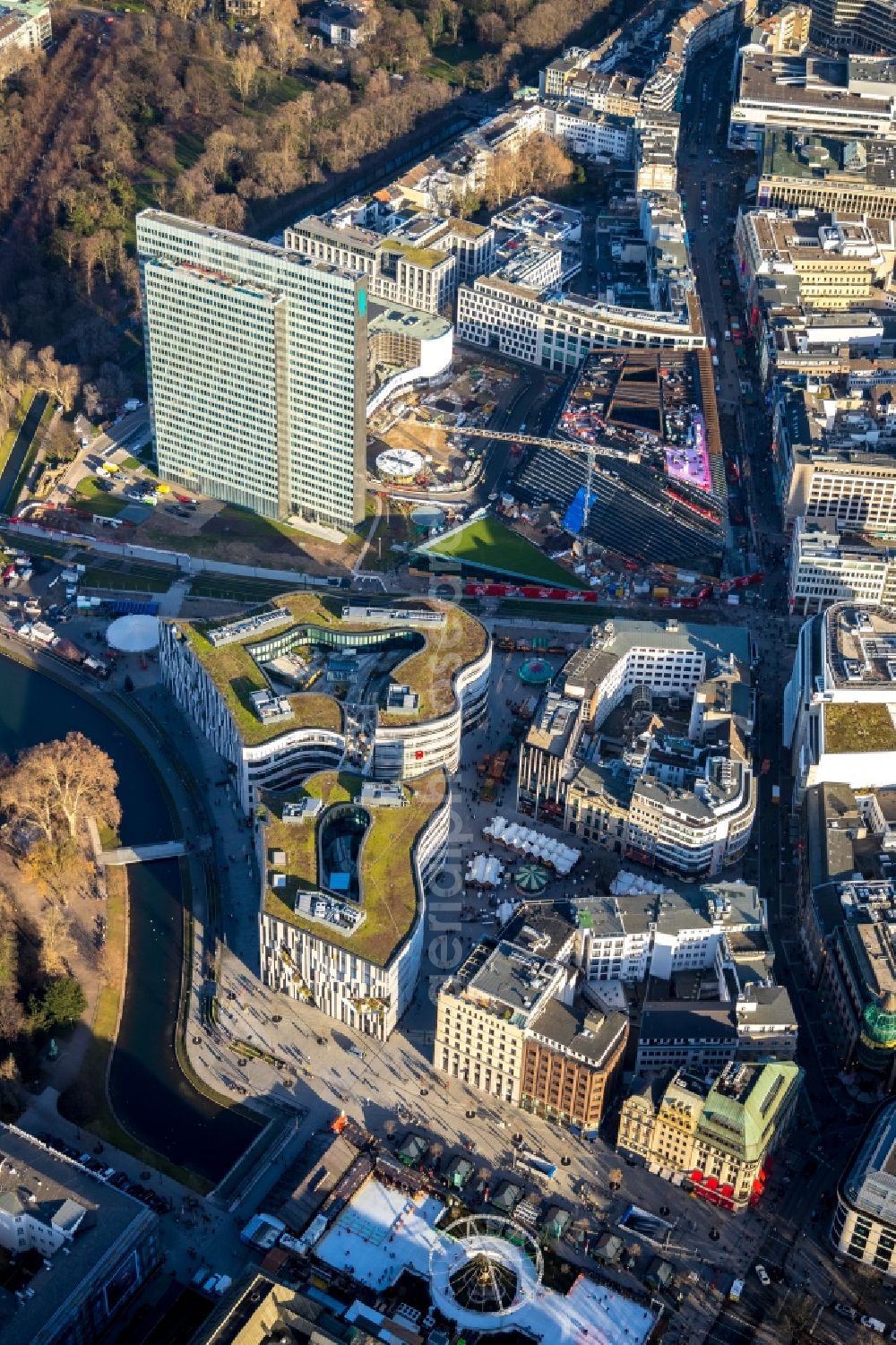 Aerial image Düsseldorf - Construction of retail and office property Koe-Bogen in Dusseldorf in North Rhine-Westphalia