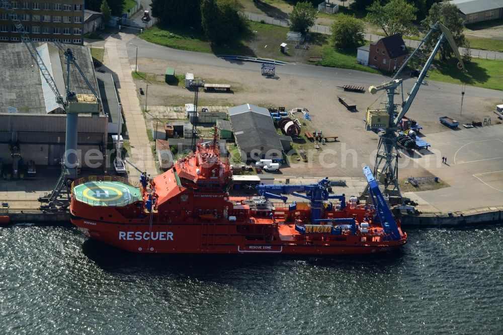 Wismar from the bird's eye view: Ice breaking rescue ships in front of Nordic Yards in Wismar in the state of Mecklenburg - Western Pomerania. The distinct red ships - Multipurpose Rescue and Salvage Vessel (MPRSV) - were ordered by the Russian Ministry of Transportation
