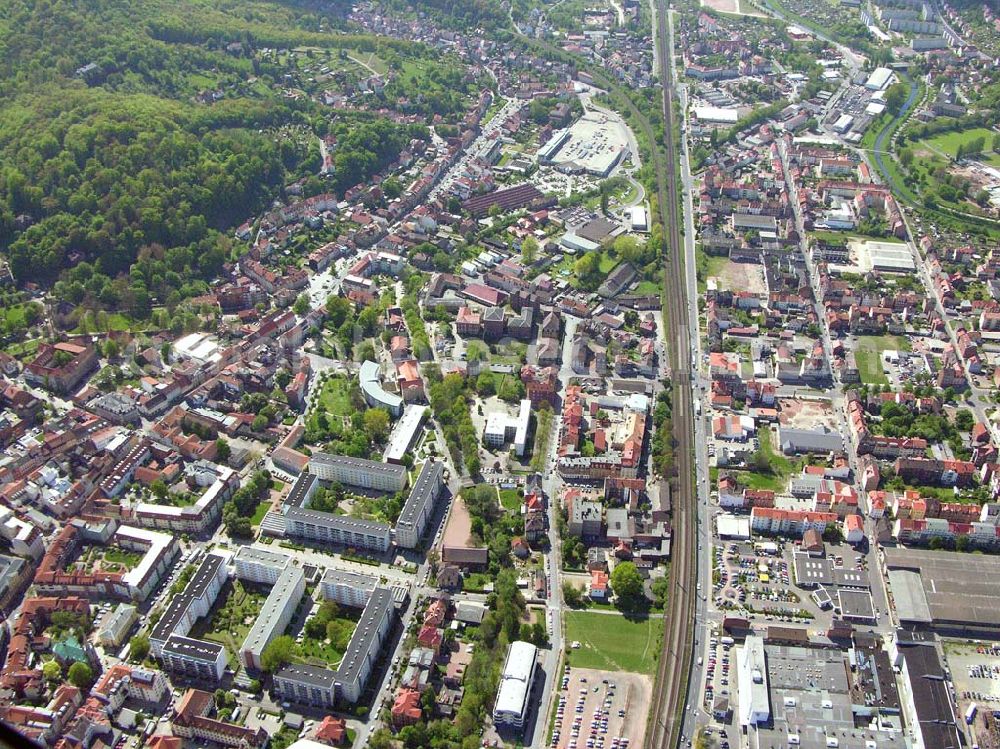 Aerial image Eisenach - Eisenach hat eine Stadtfläche von 103,85 qkm (mit den Ortsteilen Stedtfeld, Neuenhof-Hörschel, Wartha-Göringen, Stregda, Madelungen, Neukirchen, Berteroda, Hötzelsroda und Stockhausen) und wird von ca. 44.150 Menschen bewohnt.