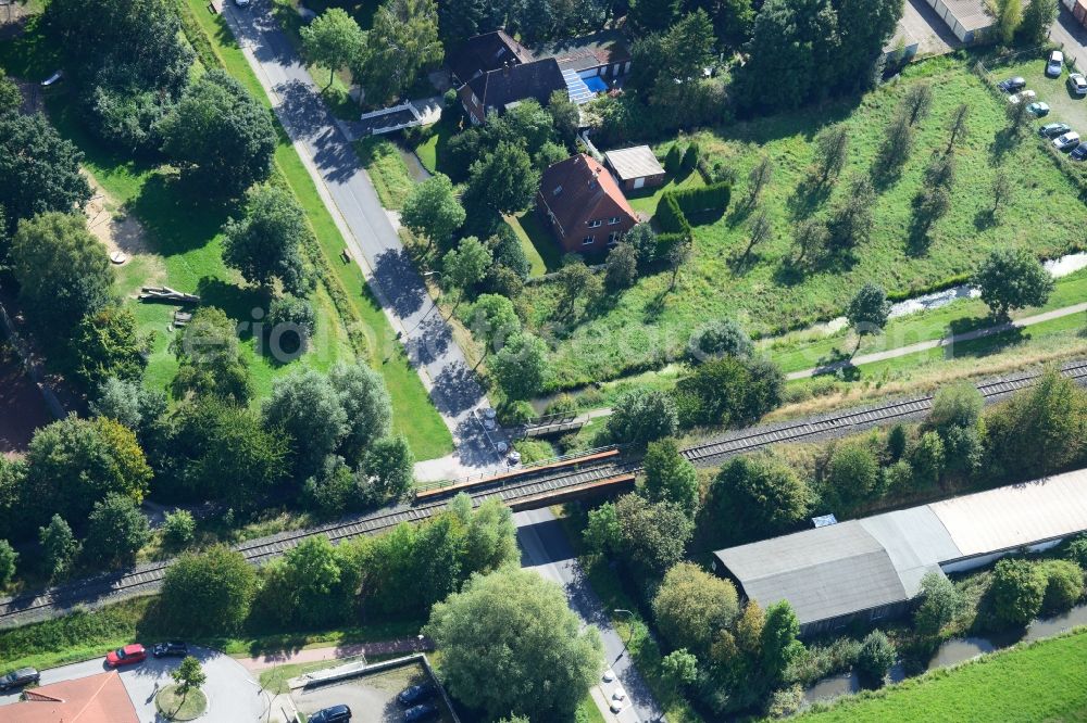 Hamburg from above - Railway viaduct over the Finkenwerder Landscheideweg road in Hamburg-Finkenwerder. A project of the Hamburg Port Authority HPA