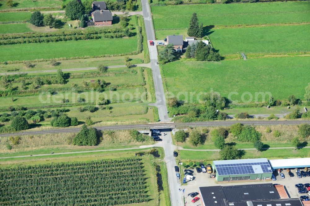 Aerial image Hamburg - Railway viaduct over the Koeterdamm road in Hamburg-Finkenwerder. A project of the Hamburg Port Authority HPA