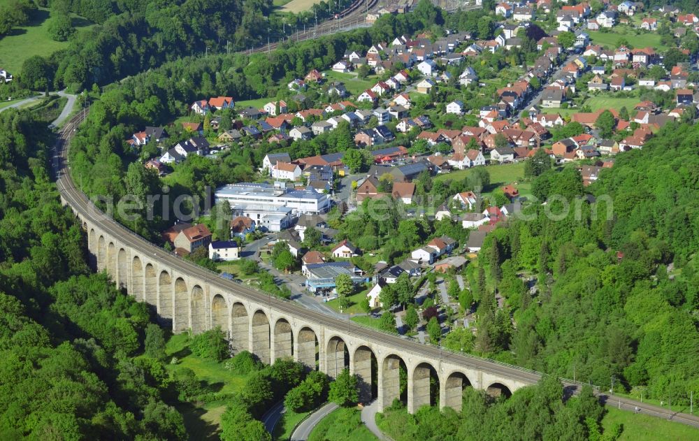 Altenbeken from above - The railway bridge Großer Viadukt Altenbeken, the longest limestone bridge in Germany. The arch bridge spanning the Beketal in Altenbeken in the state North Rhine-Westphalia