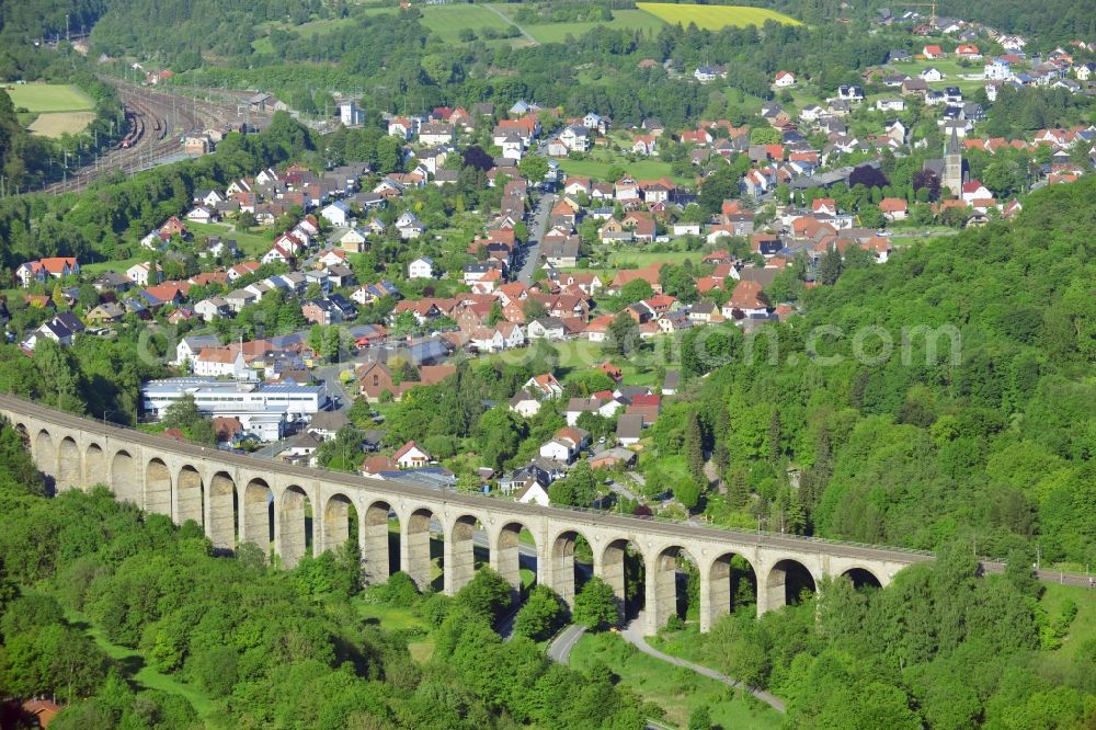 Altenbeken from above - The railway bridge Großer Viadukt Altenbeken, the longest limestone bridge in Germany. The arch bridge spanning the Beketal in Altenbeken in the state North Rhine-Westphalia