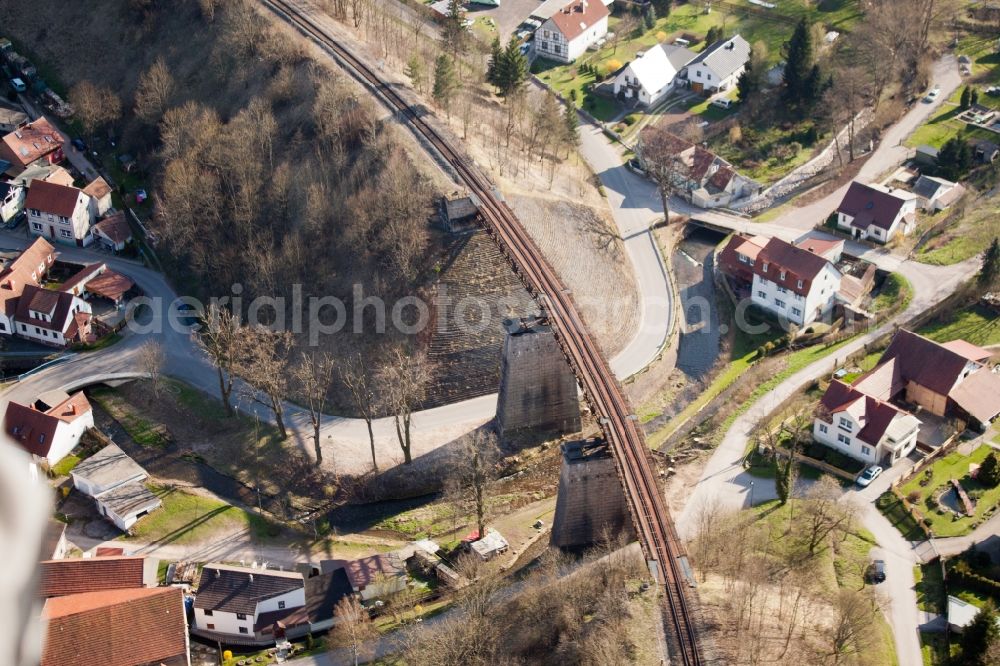 Angelroda from the bird's eye view: Railway bridge building to route the train tracks in Angelroda in the state Thuringia