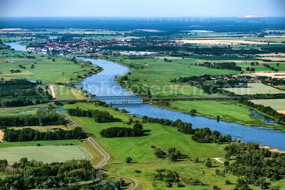 Aerial photograph Hämerten - Railway bridge structure for routing the railway tracks to cross the Elbe in Haemerten in the state Saxony-Anhalt, Germany