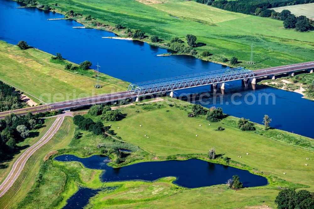 Aerial image Hämerten - Railway bridge structure for routing the railway tracks to cross the Elbe in Haemerten in the state Saxony-Anhalt, Germany