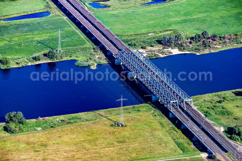 Hämerten from above - Railway bridge structure for routing the railway tracks to cross the Elbe in Haemerten in the state Saxony-Anhalt, Germany