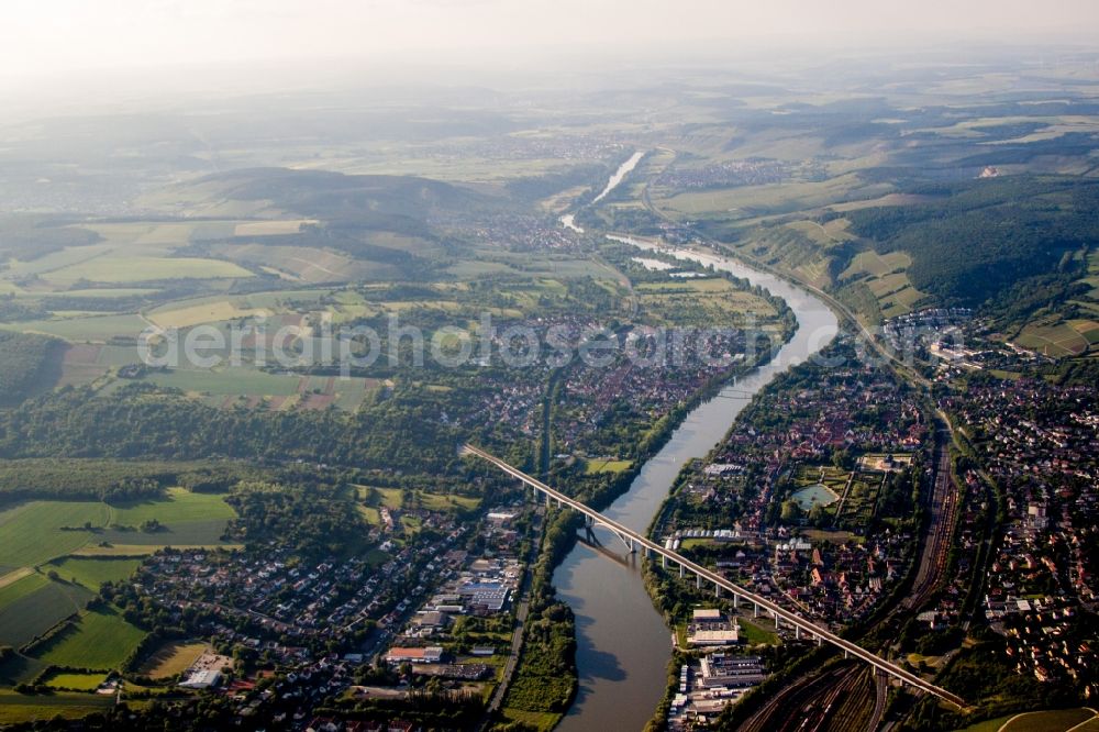 Veitshöchheim from the bird's eye view: Railway River - bridge construction crossing the Main river in Veitshoechheim in the state Bavaria, Germany