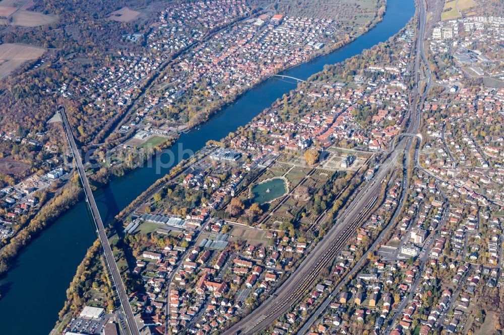 Aerial image Veitshöchheim - Railway River - bridge construction crossing the Main river in Veitshoechheim in the state Bavaria, Germany