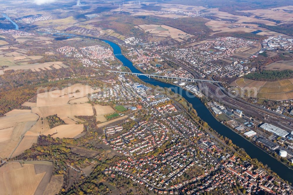 Aerial photograph Veitshöchheim - Railway River - bridge construction crossing the Main river in Veitshoechheim in the state Bavaria, Germany