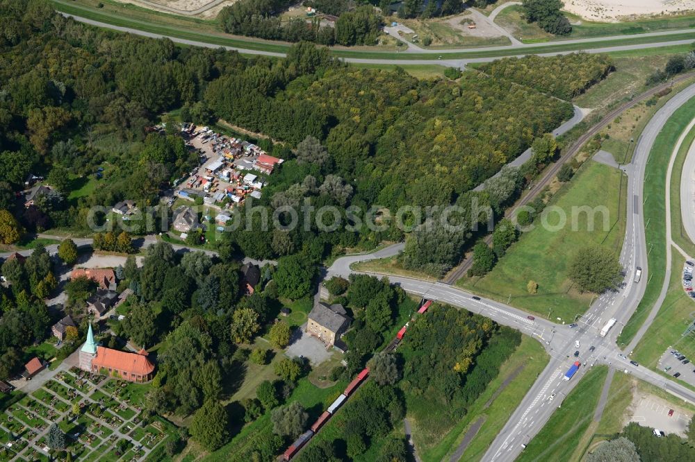 Aerial photograph Hamburg - Railroad Overpass Moorburger Elbdeich in Hamburg-Morrburg. A project of the Hamburg Port Authority HPA