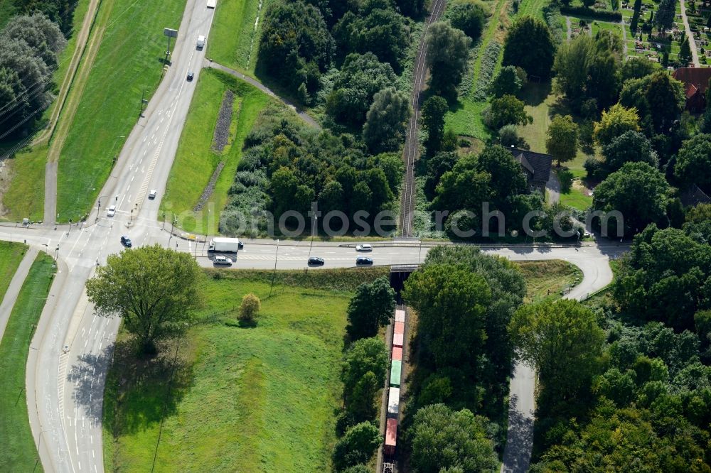 Aerial photograph Hamburg - Railroad Overpass Moorburger Elbdeich in Hamburg-Morrburg. A project of the Hamburg Port Authority HPA