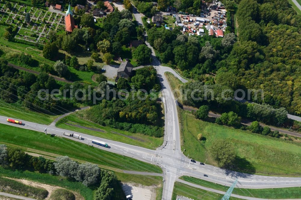 Hamburg from above - Railroad Overpass Moorburger Elbdeich in Hamburg-Morrburg. A project of the Hamburg Port Authority HPA