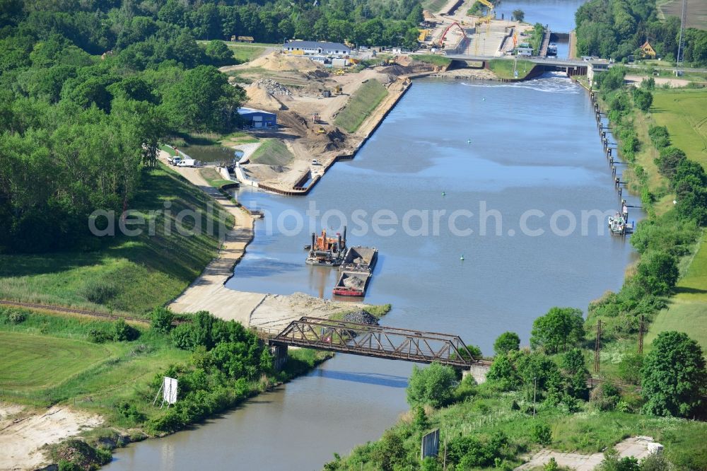 Elbe-Parey from above - Guesen Railway Bridge, the Zerben headwater weir and the bridge at the sluice alonge the Elbe-Havel-Canel in the state Saxony-Anhalt