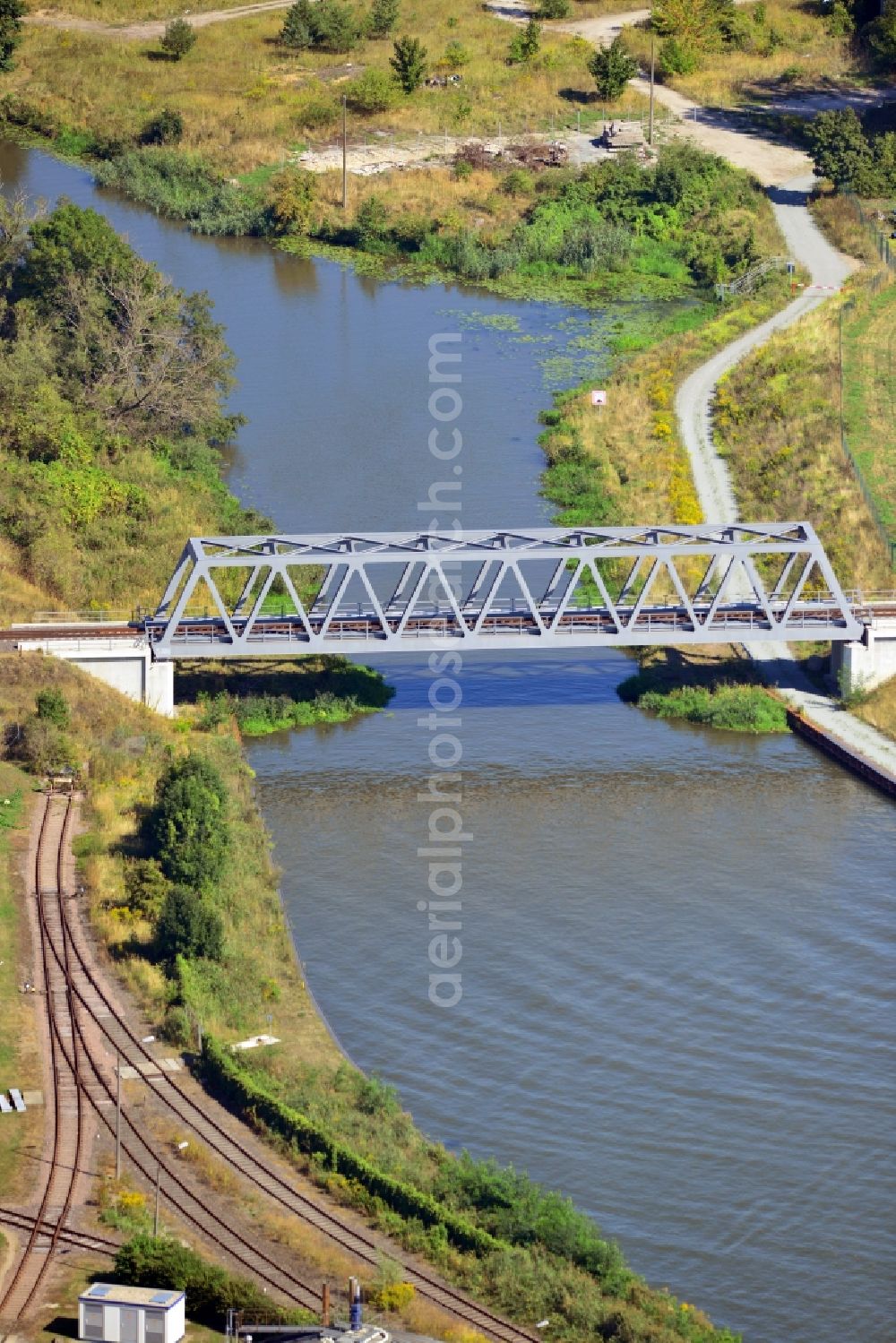 Genthin from above - Railway bidge over the Old Rossdorf Canel in the state Saxony-Anhalt