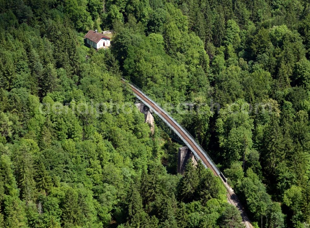 Stühlingen from above - Railroad viaduct near Blumegg in Stuehlingen in the state of Baden-Wuerttemberg. The bridge is part of the Wutach Valley railway, which was opened in 1890. It is a historic landmark of the region. The bridge leads through a forest south of Blumegg across the river Wutach