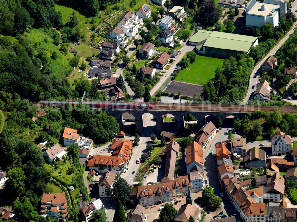 Hornberg from above - Railroad viaduct in Hornberg in the state of Baden-Wuerttemberg. The viaduct is an arch bridge from 1925 and belongs to the Badische Black Forest rail-line. It spans across the Reichenbach Valley. It is the only viaduct of the Black Forest railroad