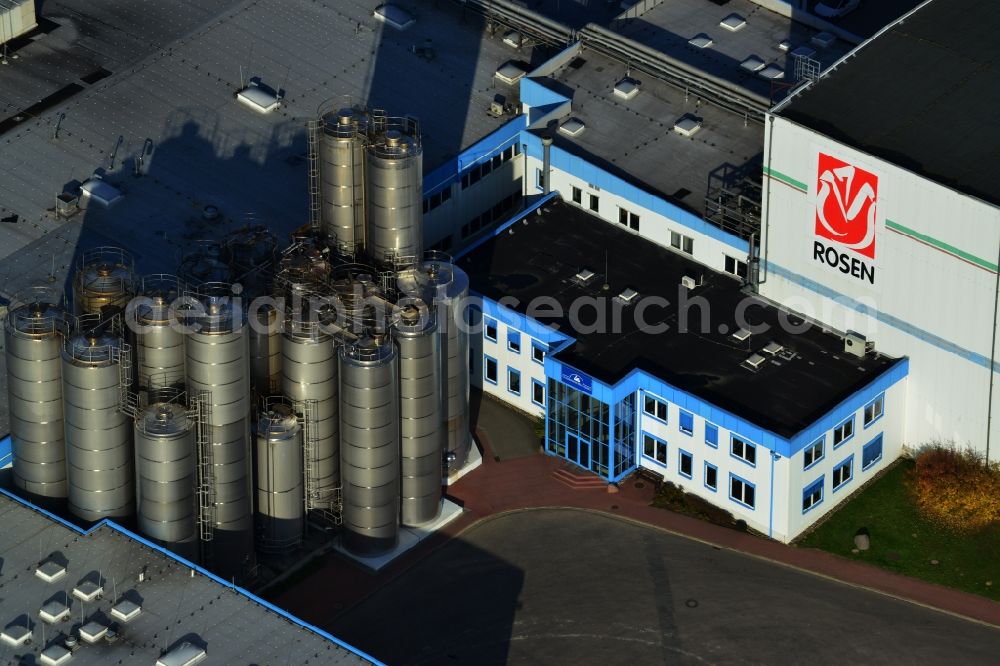 Prenzlau from the bird's eye view: Entrance and milk tanks of the ice cream factory Rosen Eiskrem Süd GmbH. In the industrial and commercial area in East Prenzlau in the state of Brandenburg