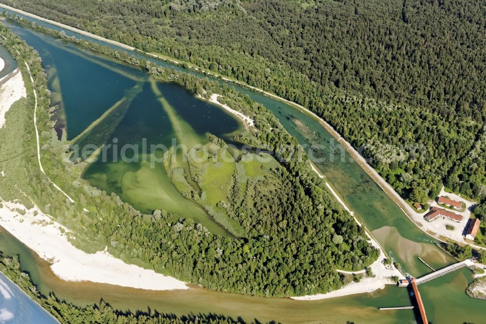 Aerial photograph Egling - Eisweiher and barrage Ickinger weir in between Isar and Muehltal channel near Icking and Egling in Bavaria. Also known as Ickinger reservoir, the Ickinger pond is a popular destination for nudists