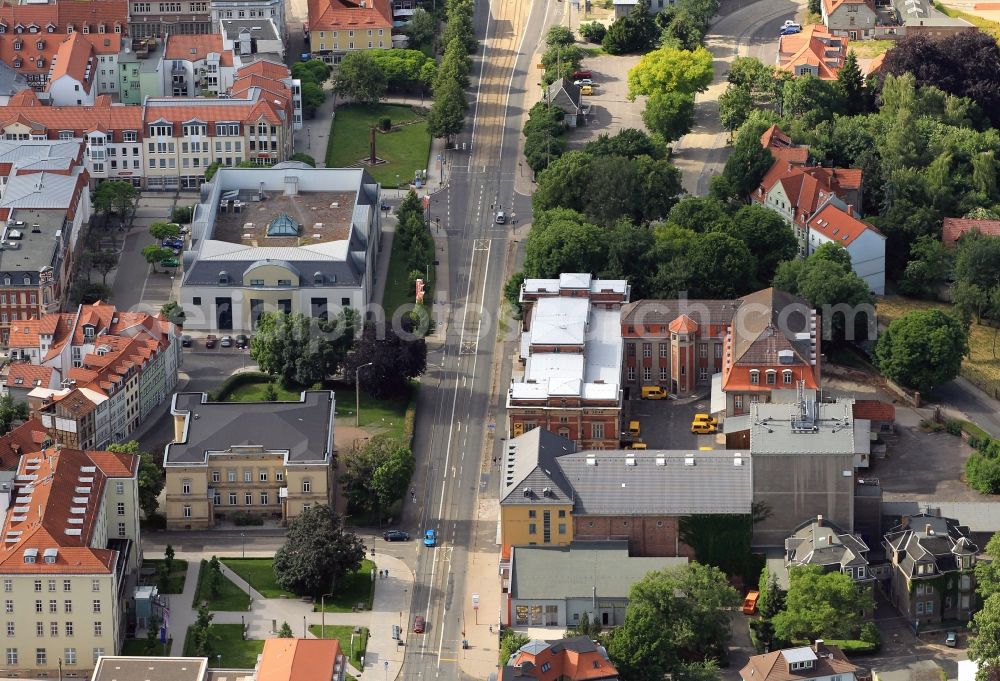 Gotha from the bird's eye view: The cultural center of the city of Gotha is located at Ekhofplatz in Gotha in state of Thuringia. Other buildings on Ekhofplatz are the Rathaus2 with the Community Office and the main Post Office. In the background of the Arnoldi place is seen